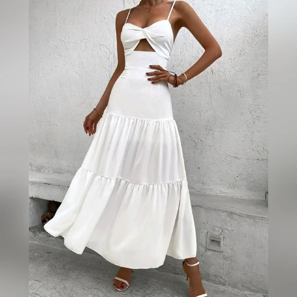 New Chic Cut Out High Waist Maxi Cami Dress White - Picture 5 of 8